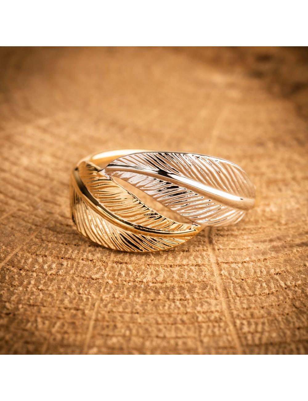 Bijou femme bague plume or jaune et blanc 9 carats bicolore