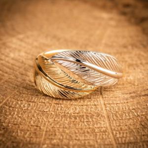 Bijou femme bague plume or jaune et blanc 9 carats bicolore