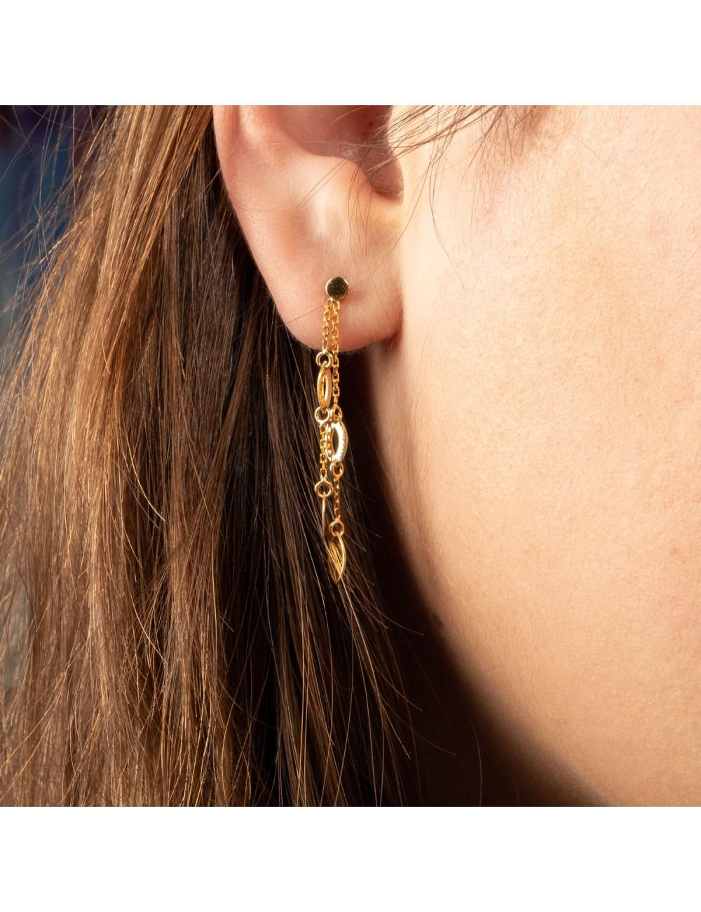 Boucles d oreilles pendantes double ajoures et navettes en or jaune ou en or blanc 9 carats